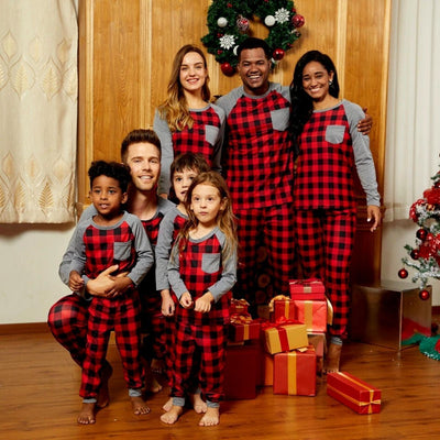 Pijamas Navidad Familia <br/> Patrón Geométrico Rojo y Negro